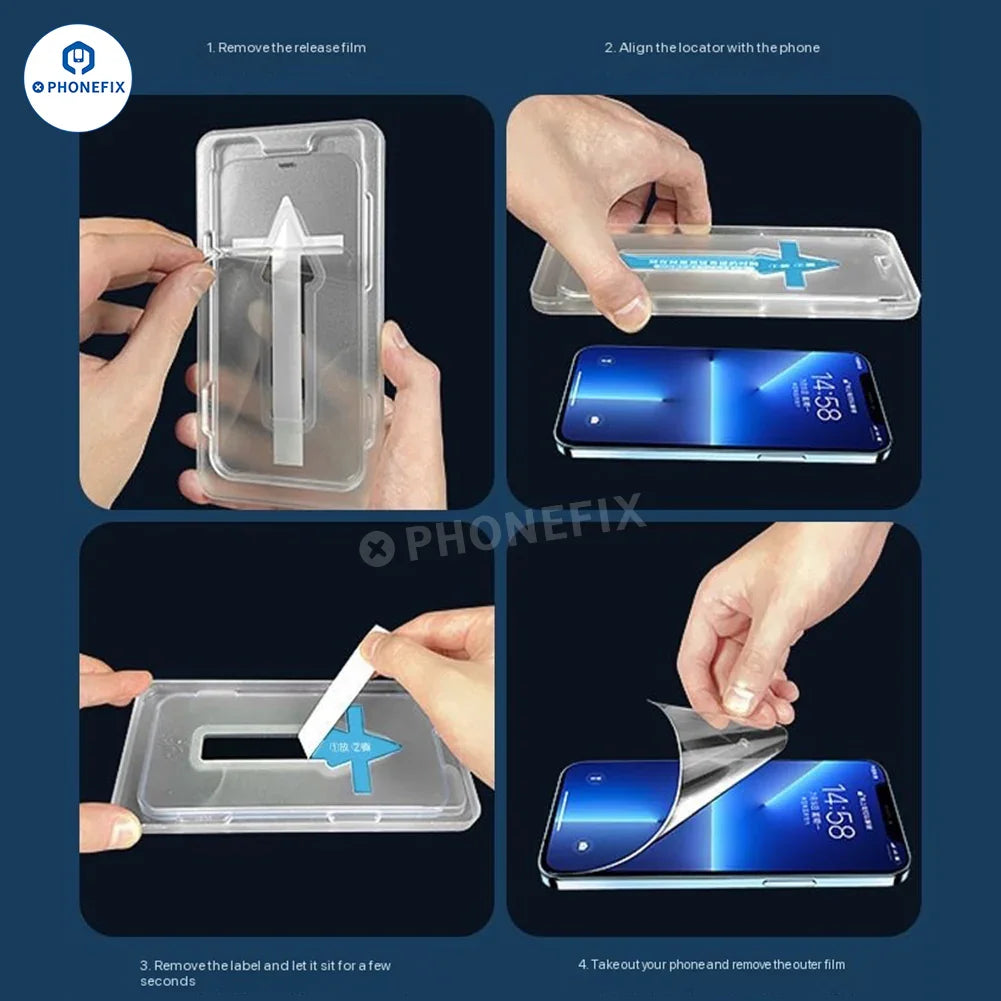 PHONEFIX iPhone screen protector tempered glass auto-alignment kit with installation tools and film for easy, precise application.