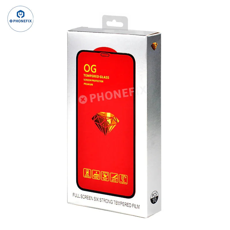 Gold diamond full cover screen protector film for iPhone X to 17 Pro Max by PHONEFIX, showing the protective film on a smartphone screen.