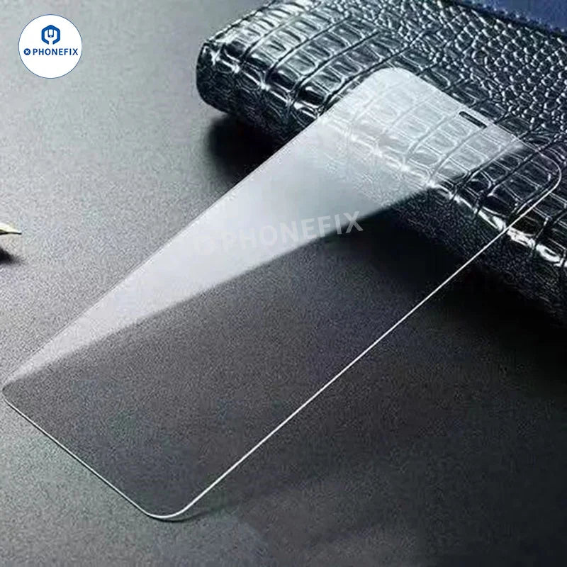 PHONEFIX tempered glass screen protector film for iPhone X to 17 Pro Max, showing clear, durable glass coverage for the device screen.