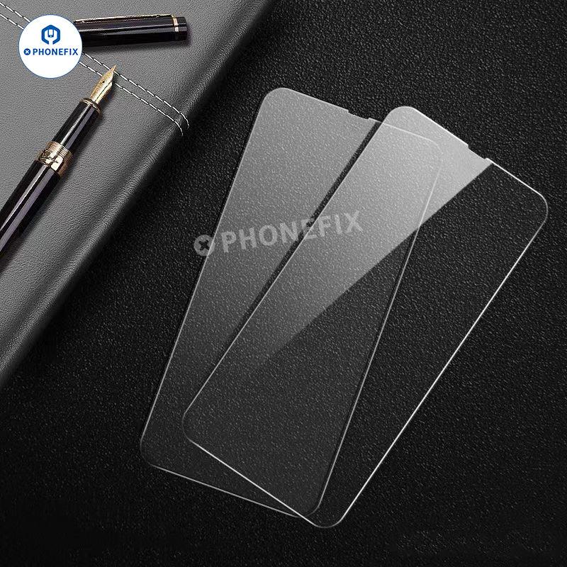 PHONEFIX tempered glass screen protector for iPhone X to 17 Pro Max, showing clear, durable protective film on a smartphone screen.