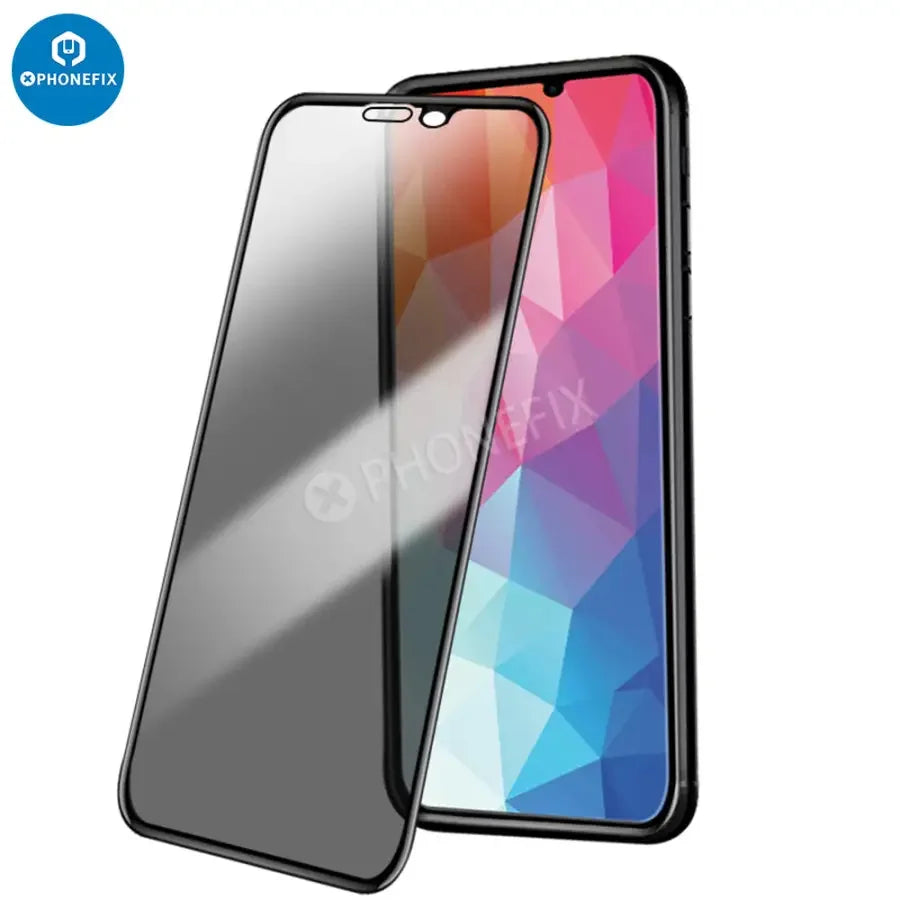 PHONEFIX anti-spy tempered glass screen protector for iPhone 12 to 17 Pro Max, offers privacy and protection against scratches.