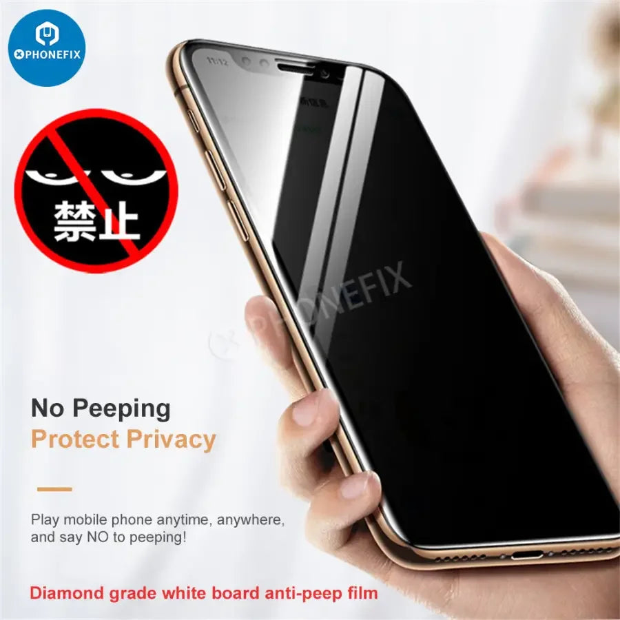 PhoneFIX anti-spy tempered glass screen protector for iPhone 12-17 Pro Max, showing a close-up of the privacy film on the device screen.