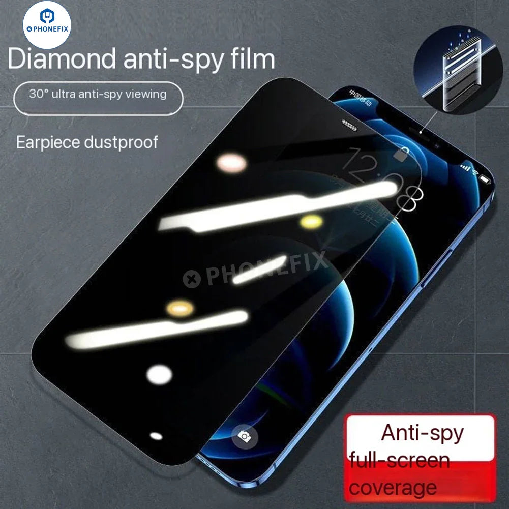 Protection d'écran en verre trempé anti-poussière et anti-espion pour iPhone 12-17 Pro Max de PHONEFIX, montrant le film sur l'écran de l'appareil.