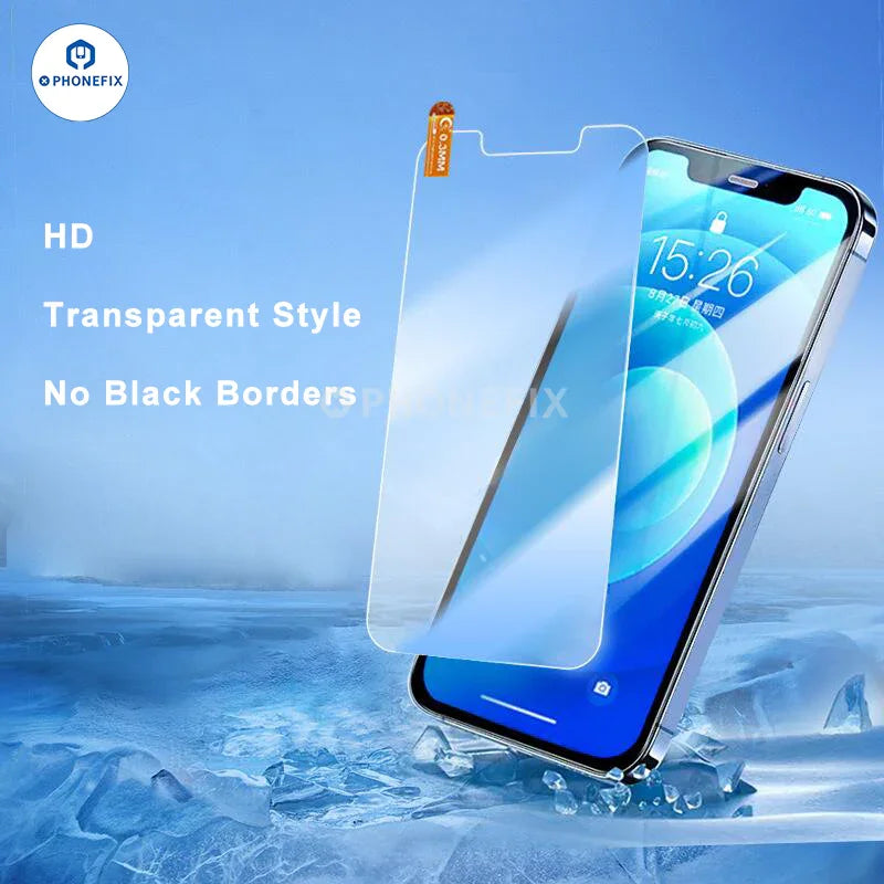 PHONEFIX iPhone full cover automatic adsorption HD tempered glass screen protector film showing a sleek, clear protective layer on an iPhone.