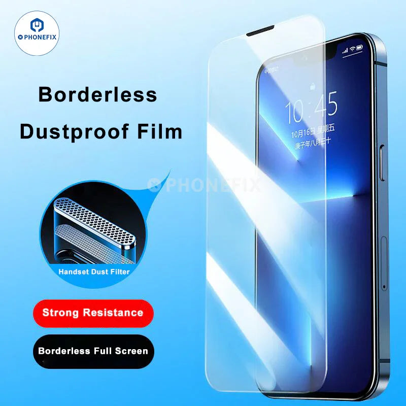 PHONEFIX full cover automatic adsorption HD tempered glass screen protector for iPhone, showing clear, edge-to-edge protection.