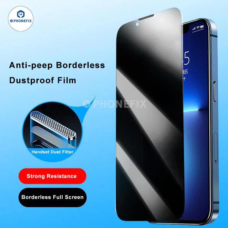 PHONEFIX iPhone full cover automatic adsorption HD tempered glass screen protector film showing a sleek, transparent protective layer.