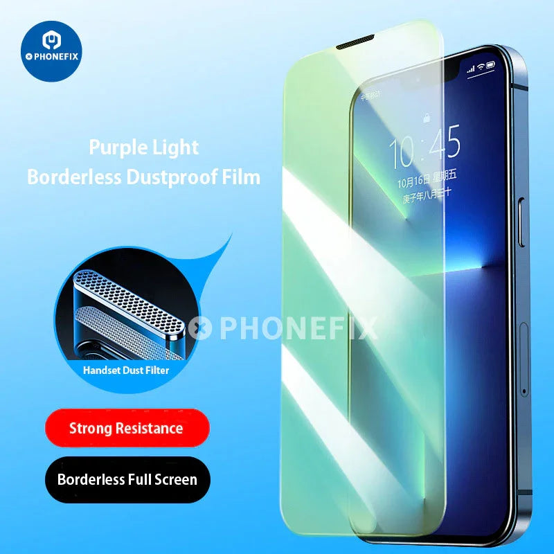 PHONEFIX iPhone full cover automatic adsorption HD tempered glass screen protector with precise cutouts and smooth surface.