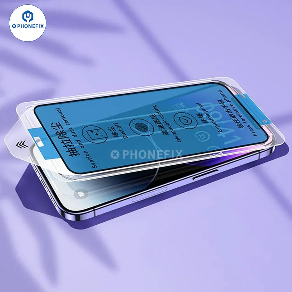 PHONEFIX HD anti-peep tempered glass screen protector for iPhone, dust-free cabin design, clear view with privacy protection