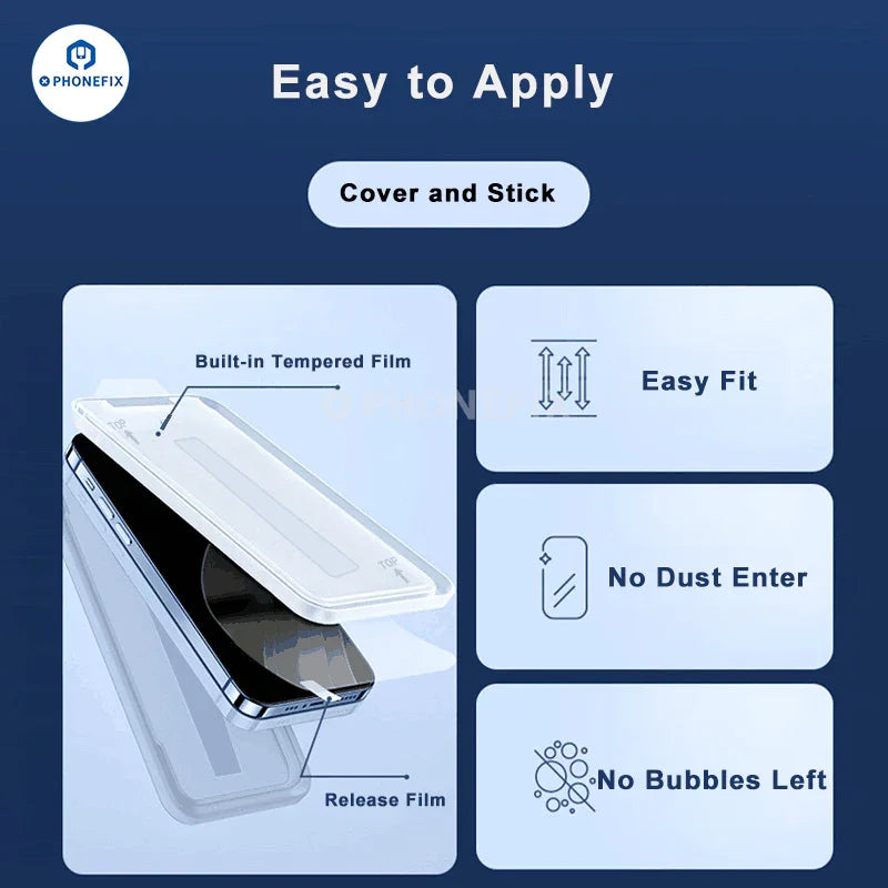 HD anti-peep tempered glass screen protector for iPhone by PHONEFIX, showing dust-free installation and privacy film features.