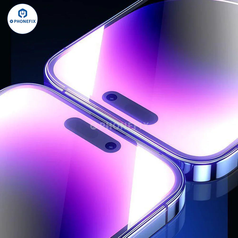 HD anti-peep tempered glass screen protector film for iPhone by PHONEFIX, showing dust-free installation cabin and clear protective layer.