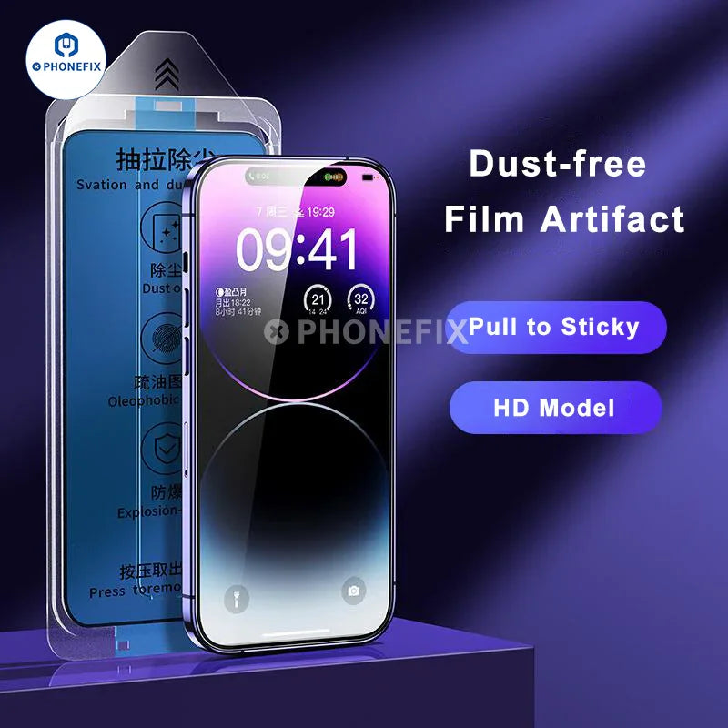 HD anti-peep tempered glass screen protector for iPhone by PHONEFIX, showcasing dust-free installation and high-definition clarity.