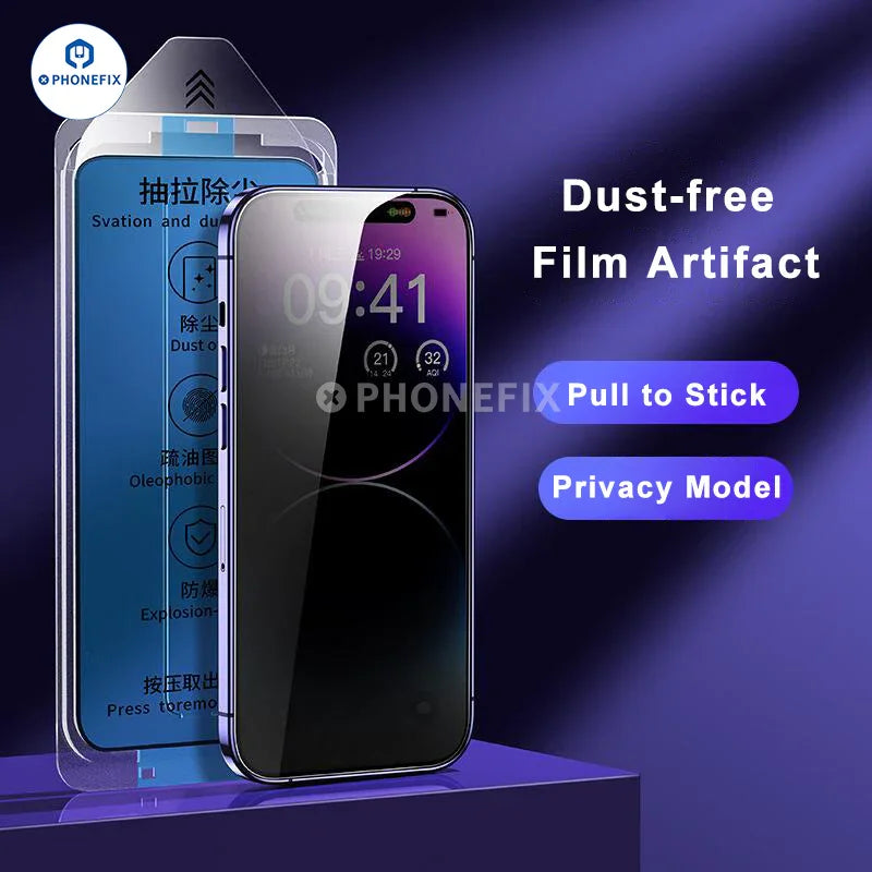 HD anti-peep tempered glass screen protector film with dust-free cabin for iPhone, showcasing the clear, privacy-enhancing display.