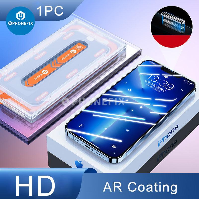 PHONEFIX iPhone Series Screen Protector Film with easy installation and dust-free box, offers clear protection for iPhone screens.
