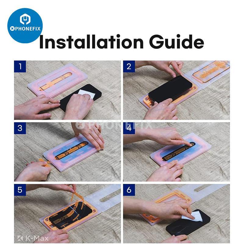 PhoneFix iPhone series screen protector film with easy installation and dust-free box for secure, clear screen protection.