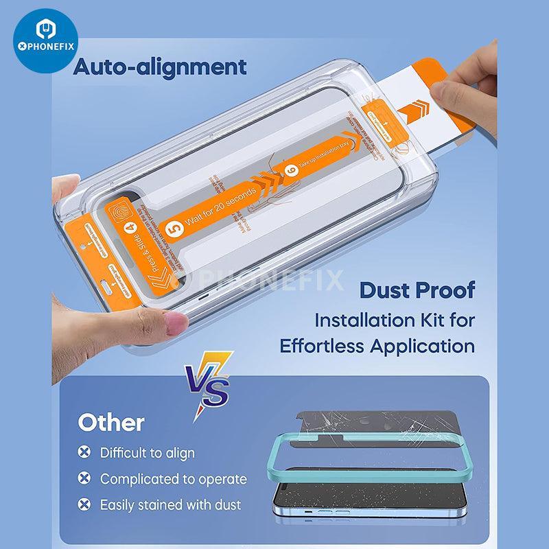 PHONEFIX iPhone Series Screen Protector Film with easy installation and dust-free box, designed for iPhone models for clear screen protection.