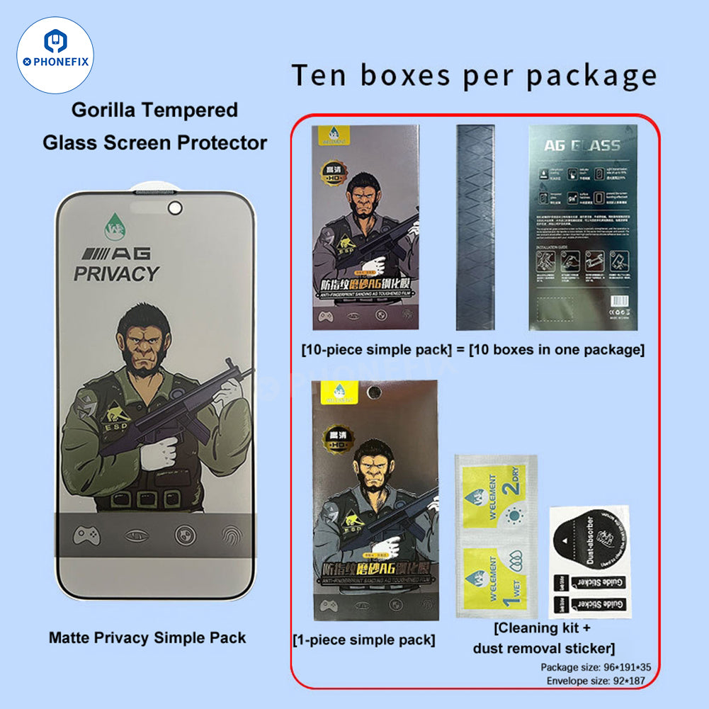 PHONEFIX iPhone 18 Pro Max privacy tempered glass screen protector with matte finish in simple packaging.