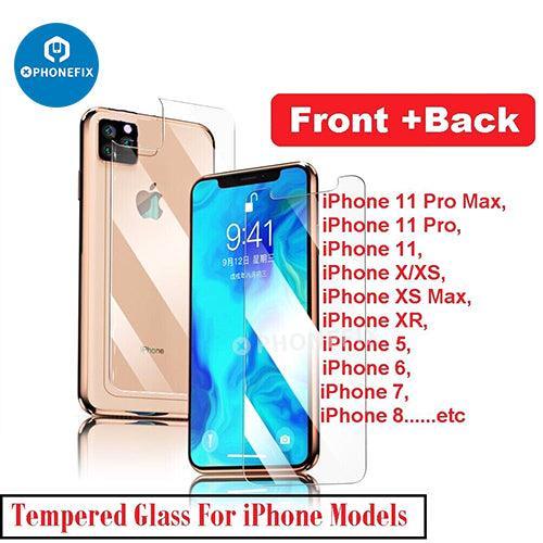 PhoneFIX tempered glass screen protector for iPhone X-15, front and back, providing durable protection for the device.