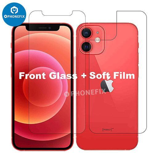 PHONEFIX tempered glass screen protector for iPhone X to 15 PM, front and back protection, clear and durable film.