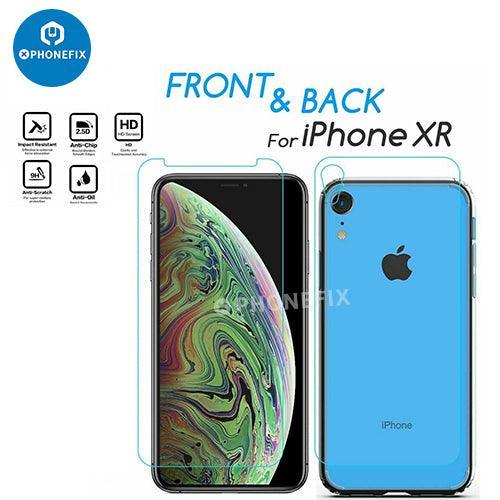 PHONEFIX tempered glass screen protector for iPhone X-15, front and back protection, durable and scratch-resistant film.