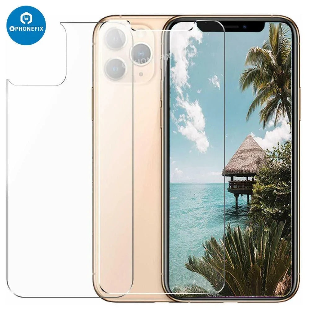 Front and back tempered glass screen protector for iPhone 8-15 Pro Max by PHONEFIX, showing clear protective film on device screens.