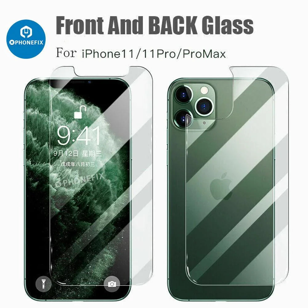 Front and back view of PHONEFIX tempered glass screen protector for iPhone 8-15 Pro Max, showing clear, durable protective film.