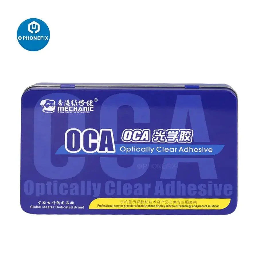 Set of 50 PHONEFIX 250um OCA optical adhesive films for Samsung A21 and S20 screens, showing clear, thin film sheets for repair.