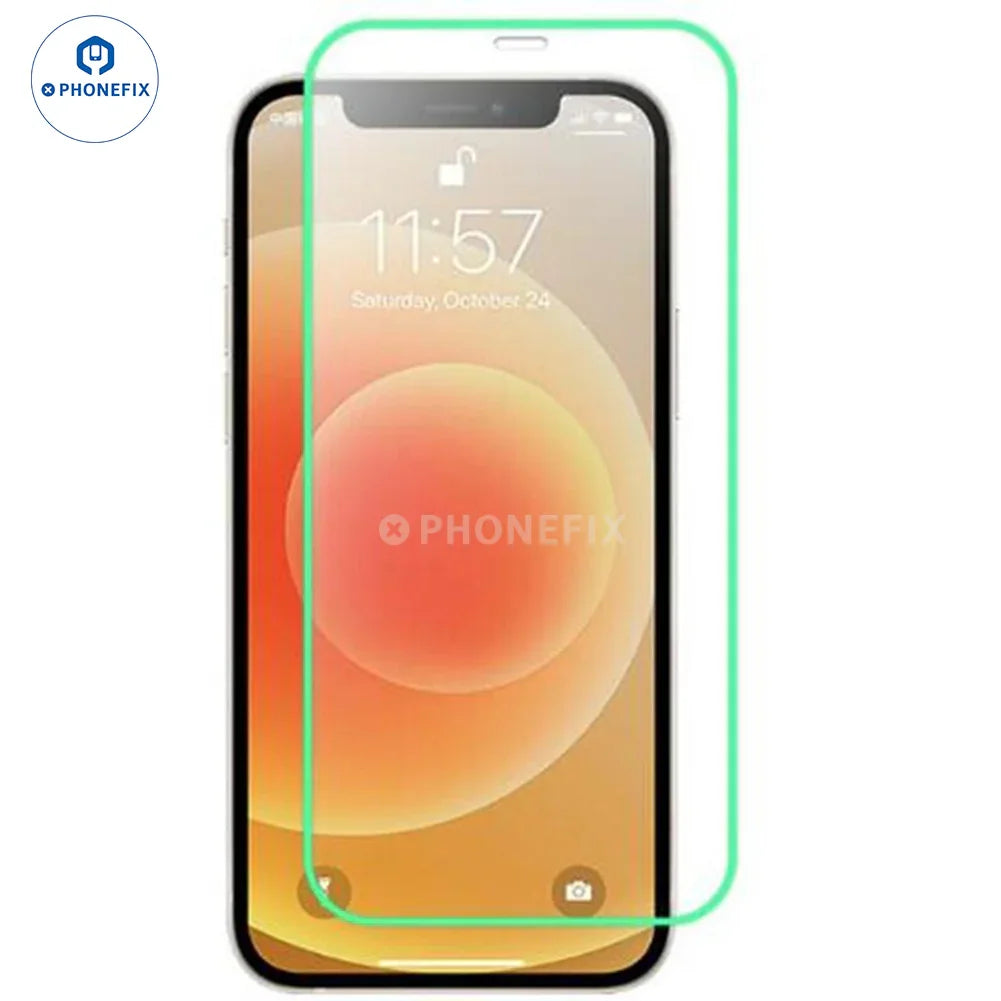 PHONEFIX full screen fluorescent luminous film for iPhone X-15 Pro Max, showing transparent protective screen with glowing effect.