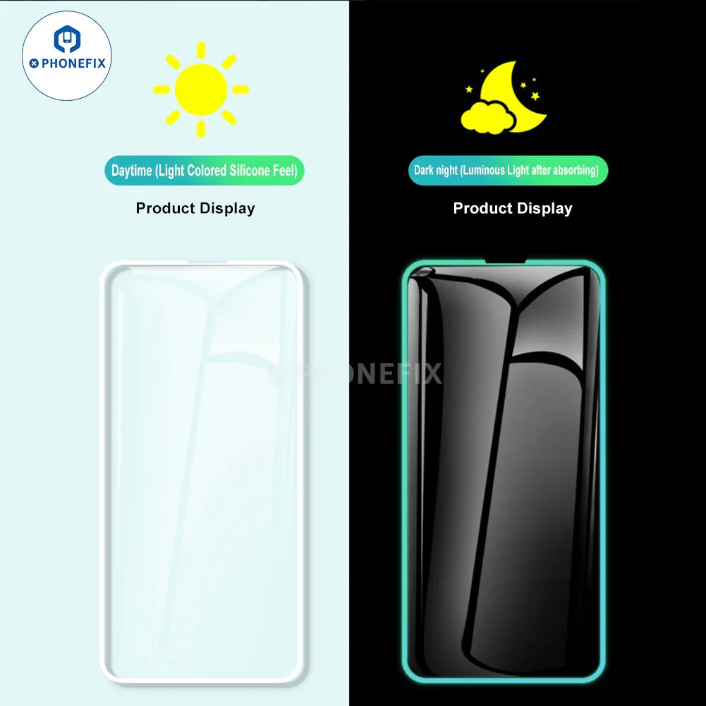 Full screen fluorescent luminous film for iPhone X to 15 Pro Max screen protector by PHONEFIX, showing luminous, full display coverage.