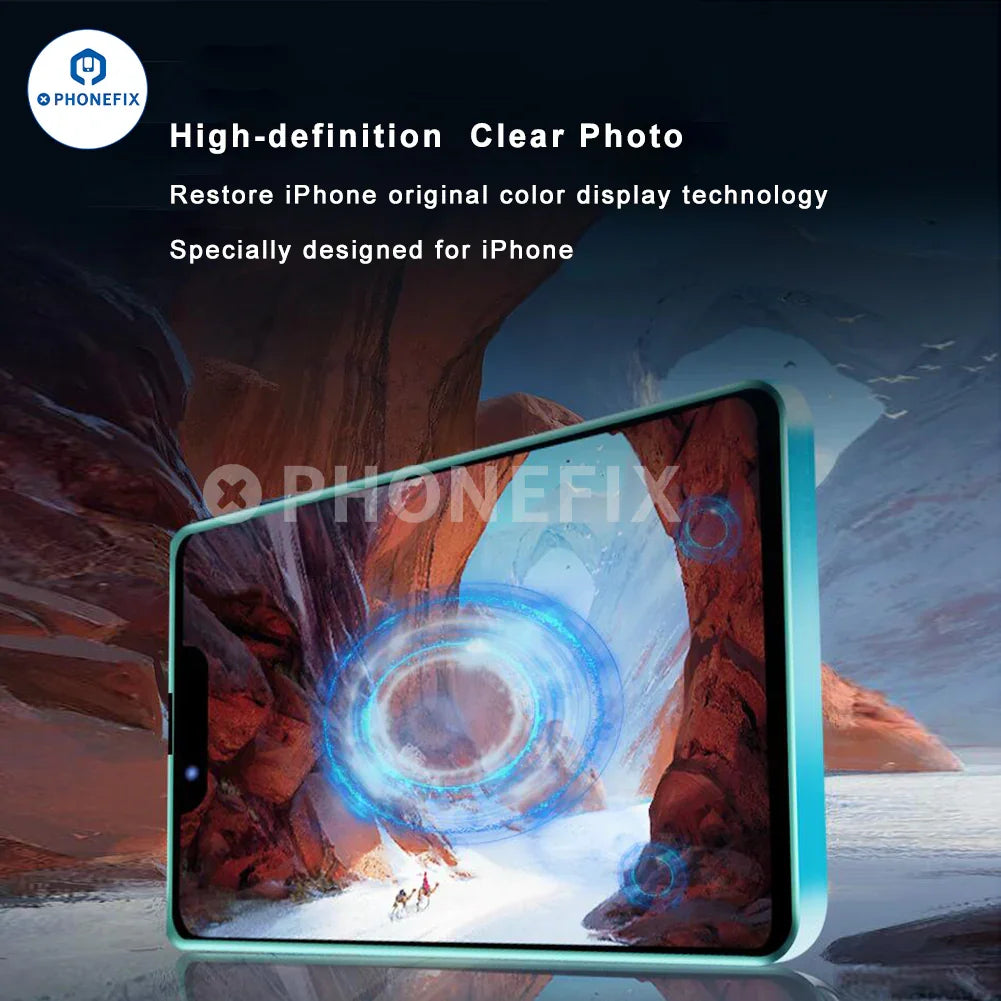 Full screen fluorescent luminous film for iPhone X-15 Pro Max, transparent screen protector by PHONEFIX, visible for full screen coverage.