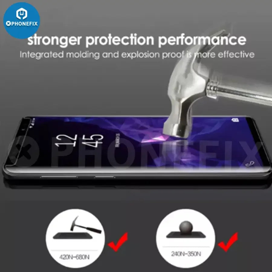Protector de pantalla para Samsung Galaxy con adhesivo UV, vidrio templado y recubrimiento protector de nanolíquido de PHONEFIX.