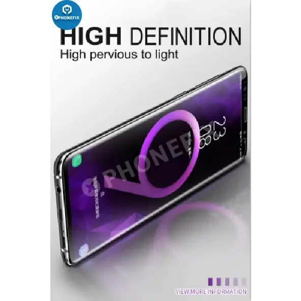 Protector de pantalla de cristal templado con adhesivo UV Nano Liquid para Samsung Galaxy de PHONEFIX, que muestra la película transparente aplicada a la pantalla de un teléfono inteligente.