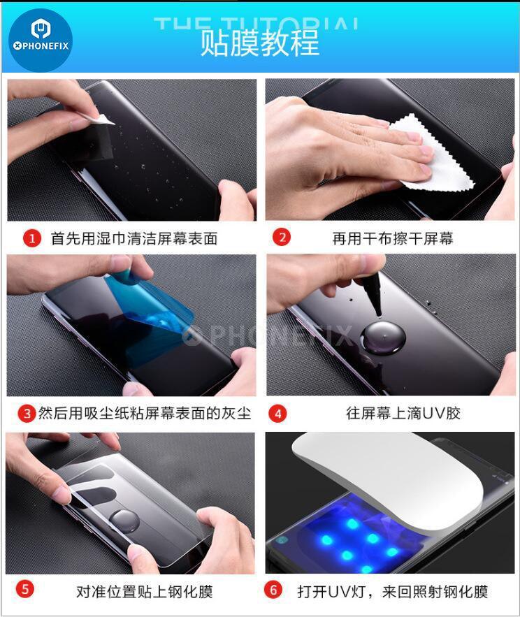 Protector de pantalla para Samsung Galaxy con adhesivo UV y nanolíquido para mayor protección, aplicado sobre pantalla de vidrio templado.