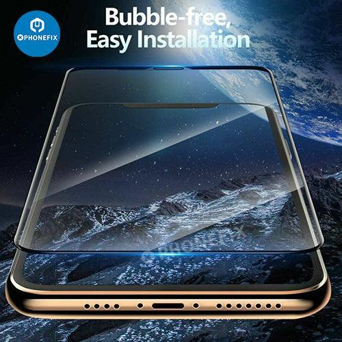 Three PHONEFIX full coverage tempered glass screen protectors for iPhone X to iPhone 15 Pro Max, showing sleek, durable film covers.