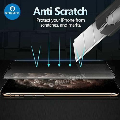 Three PHONEFIX full coverage tempered glass screen protectors for iPhone X to iPhone 15 Pro Max, showing clear, durable protection.