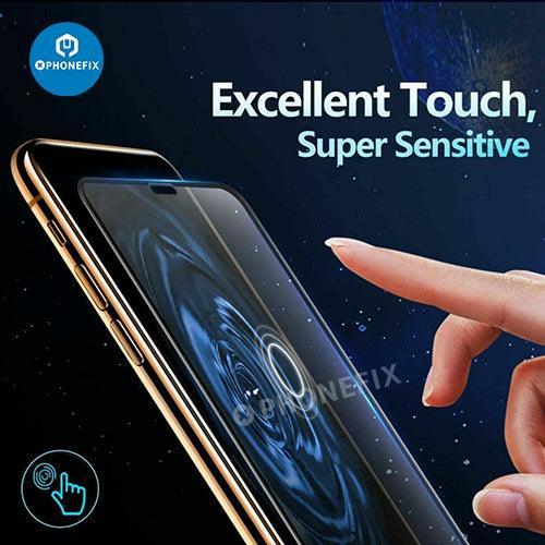 Three PHONEFIX full coverage tempered glass screen protectors for iPhone X to iPhone 15 Pro Max, displaying clear and durable protection.