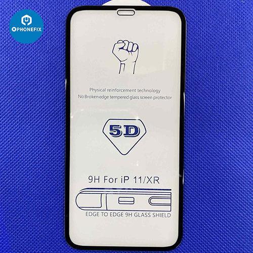 Three PHONEFIX full coverage tempered glass screen protectors for iPhone X to 15 Pro Max, showing clear, durable protection.