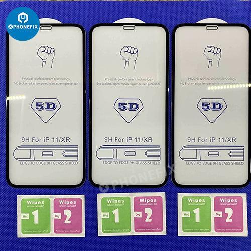 Three PHONEFIX full coverage tempered glass screen protectors for iPhone X to 15 Pro Max, showing edge-to-edge protection design.
