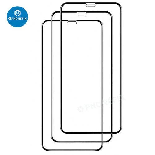 Three PHONEFIX full coverage tempered glass screen protectors for iPhone X to 15 Pro Max, showing clear, durable protective film on phones.
