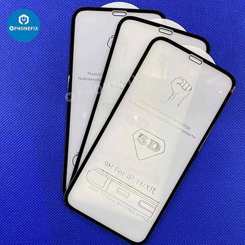 Three PHONEFIX full coverage tempered glass screen protectors for iPhone X to 15 Pro Max, showing clear, durable protection for device screens.
