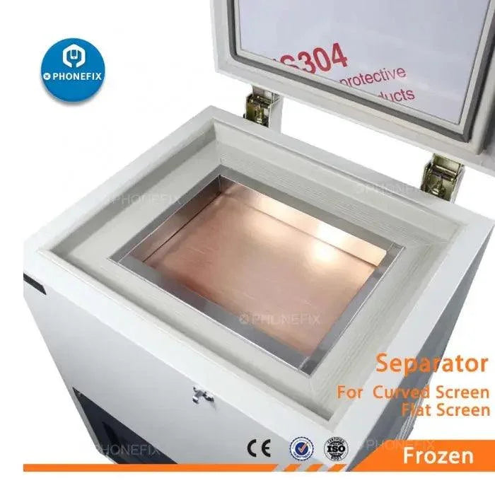 Machine de séparation par congélation PHONEFIX pour le démontage et la réparation d'écrans incurvés à -180°C, utilisée pour la remise à neuf d'écrans de téléphone.