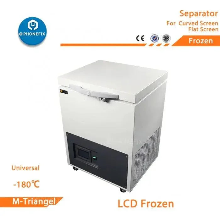Machine de séparation par congélation PhoneFix pour le démontage et la réparation d'écrans incurvés à -180°C, utilisée pour la remise à neuf des écrans de smartphones.