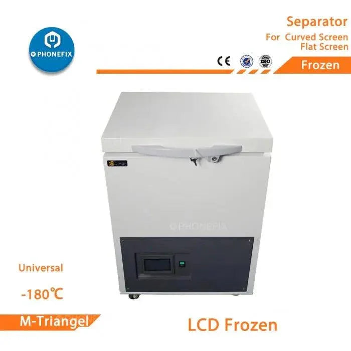 Machine de séparation par congélation PHONEFIX pour le démontage et la réparation d'écrans incurvés à -180°C, utilisée pour la remise à neuf de smartphones.