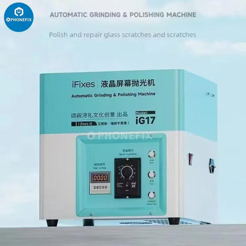 Machine de polissage et de meulage automatique iG17 de PHONEFIX pour la remise à neuf des écrans LCD et l'élimination des rayures sur les smartphones.