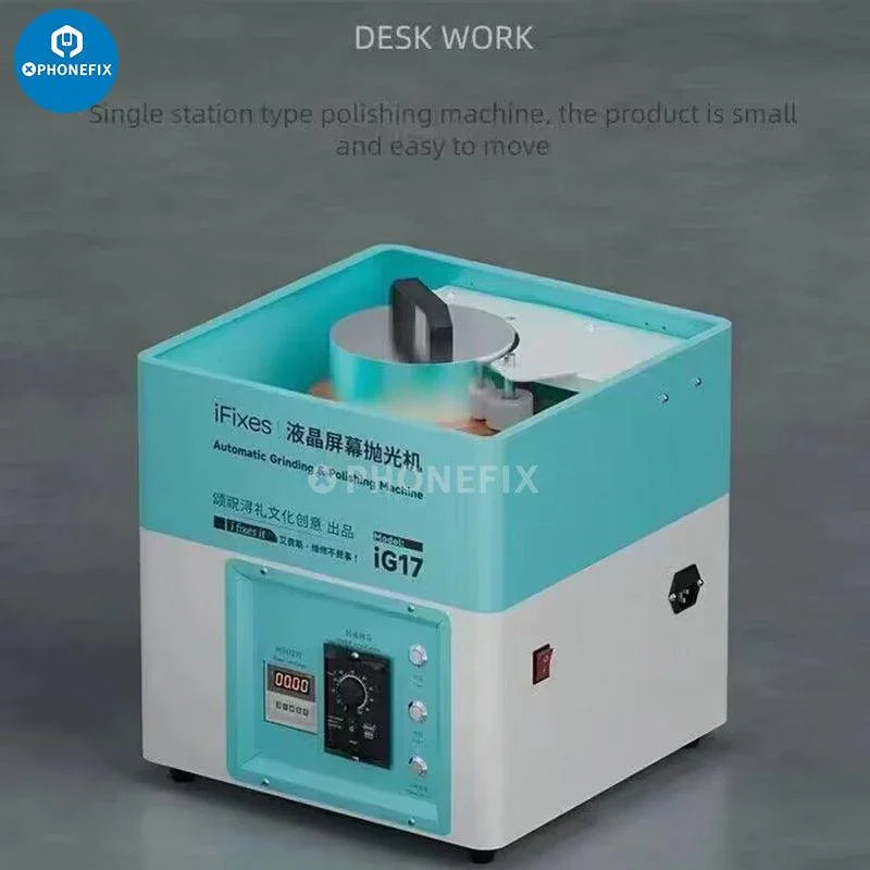 Machine de meulage et de polissage automatique PhoneFix iG17 pour écrans LCD, utilisée pour l'élimination des rayures et la remise à neuf des écrans.