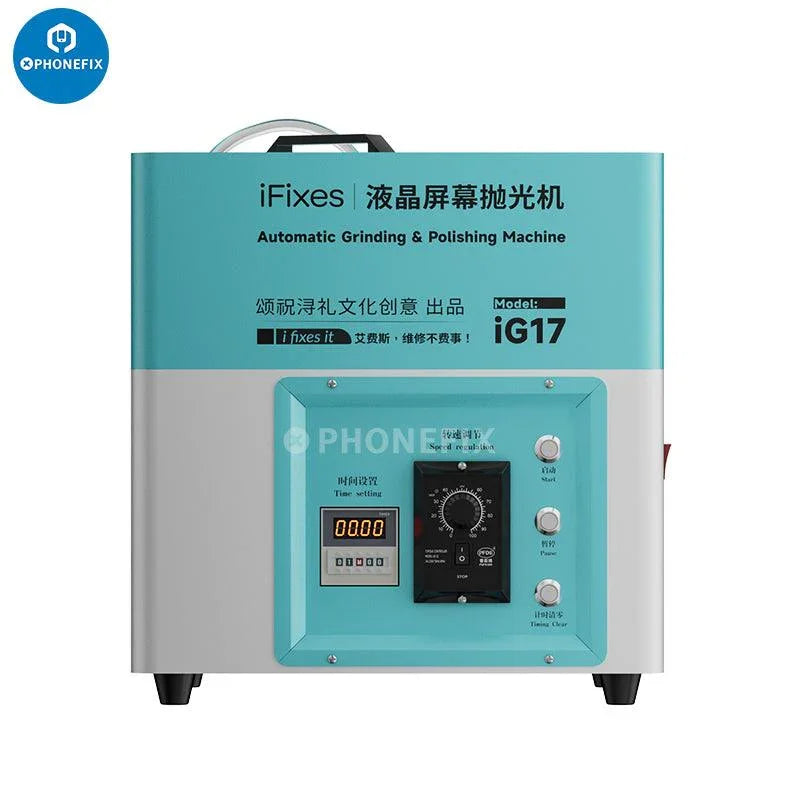 Machine de meulage et de polissage automatique PHONEFIX iG17 pour écrans LCD, utilisée pour l'élimination des rayures et la remise à neuf des écrans.