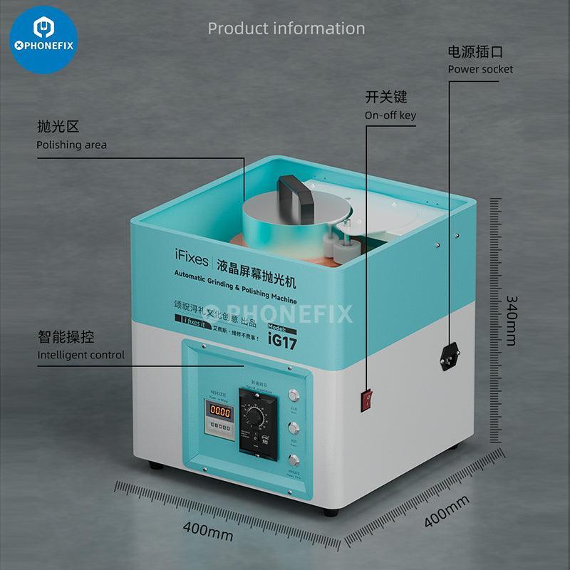 Machine de polissage automatique PHONEFIX iG17 pour écrans LCD, utilisée pour éliminer les rayures des surfaces d'écran de téléphone.