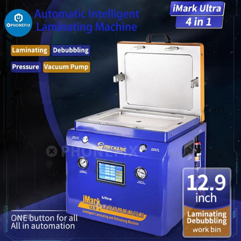 PHONEFIX iMark X Ultra Vacuum Laminating Defoaming Machine for LCD screen refurbishing, showing the machine with control panel and laminating chamber.