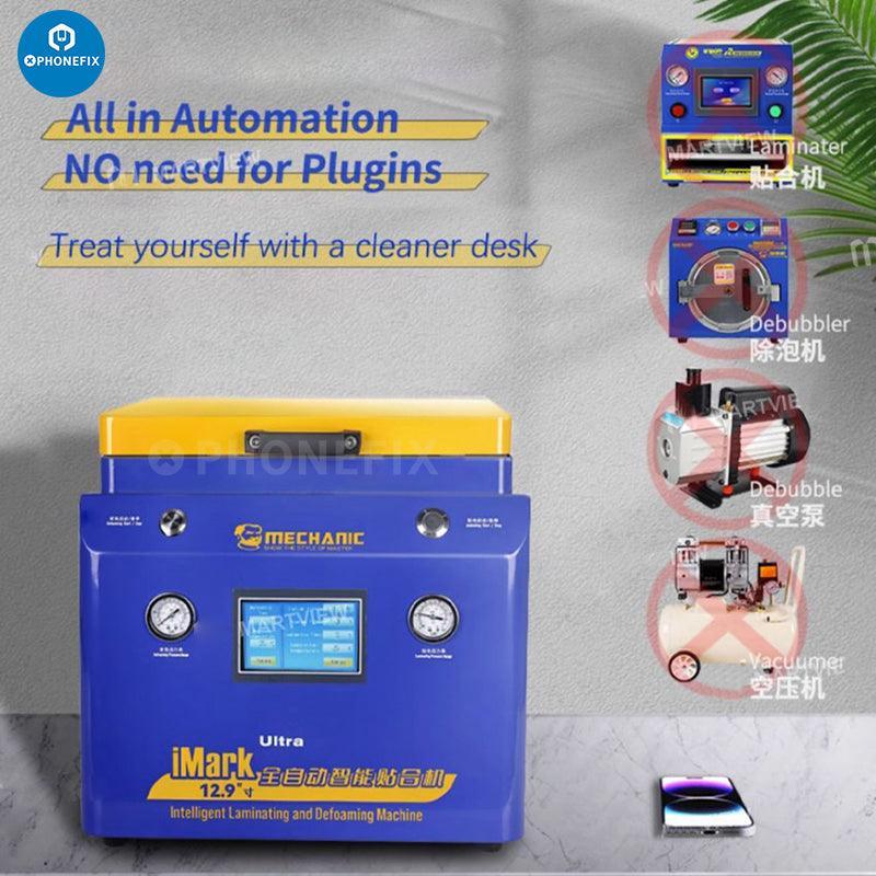 PhoneFix iMark X Ultra Vacuum Laminating Defoaming Machine for LCD screen refurbishing, showing the machine with control panel and vacuum chamber.