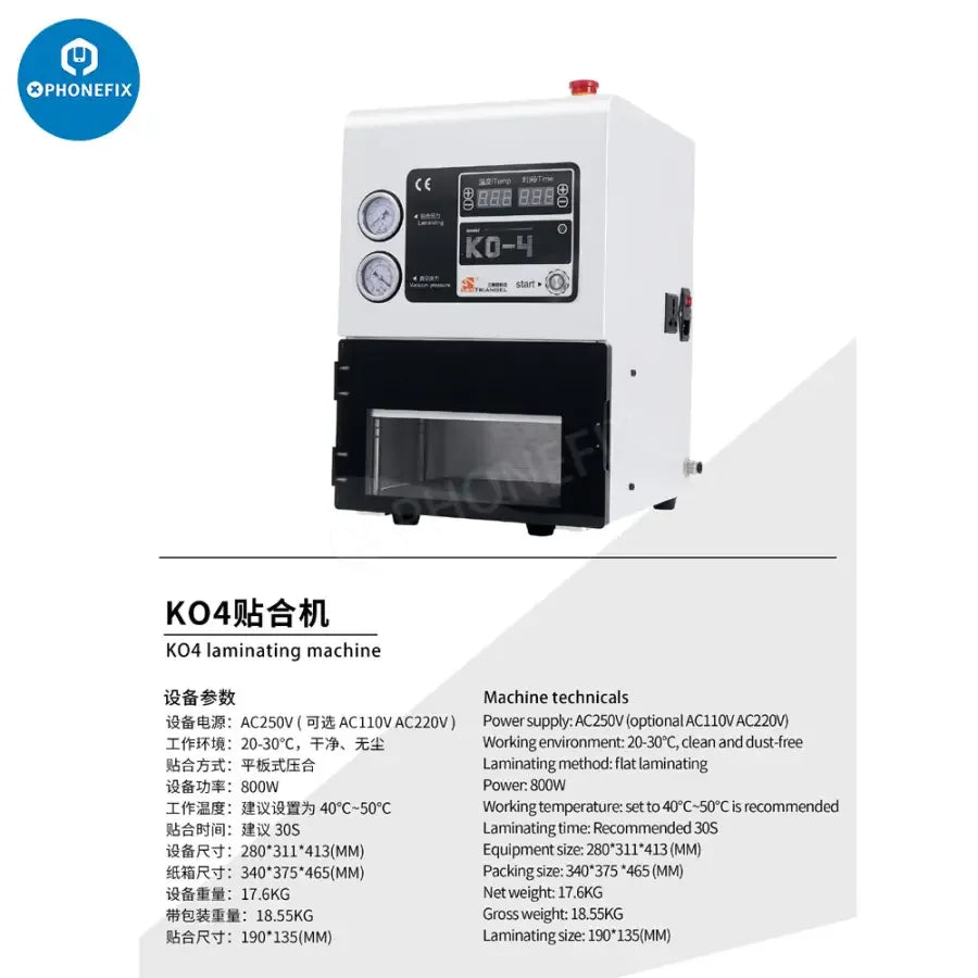 M-Triangel KO4 Edge LCD OLED screen refurbishing machine by PHONEFIX, used for OCA lamination of smartphone screens.