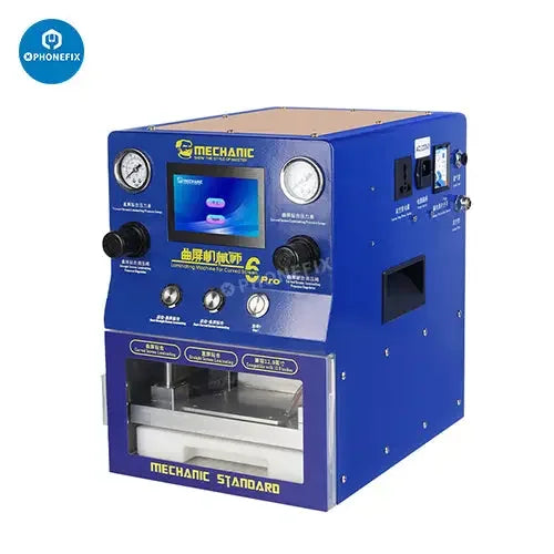 Machine de lamination sous vide et de démoussage Mechanic 6 Pro OCA pour la rénovation d'écrans de PHONEFIX, présentée dans un environnement d'atelier.